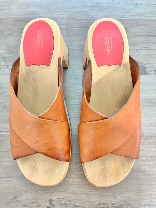 Swedish Hasbeens Shoes - Swedish Hasbeens Anette High Tan Crossband Leather Clogs